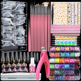 Teenitor Acrylic Fake Nails Kit, Press On Nail Supplies with Clear Coffin Nail Tips Nail Stand Nail Art Brushes Dotting Pen Glitter Sequins Sticker Rhinestones Nail Decorations Press On Nails Kit