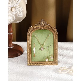 Wonderjune Vintage Jewelry Display Tray Baroque Jewelry Photography Props Frame Organizer Stand with Velvet Backing Necklace Earring Holder for Women Gifts Wedding (Green,7.4 x 4.5 x 0.7 Inches)