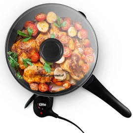 Elite Gourmet EG6207 Scratch Resistant 10.5-inch (2Qt) Fry Pan, Easy-Pour Spout Dishwasher Safe, Non-stick Electric Skillet with Glass Vented Lid, Adjustable Temperature, Black