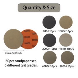 JDCMEI Sandpaper 75 mm Velcro, Pack of 60 Sanding Pads Round Velcro Grit 800/1000/2000/3000/4000/5000 Assorted Grits Wet Dry Sanding Discs Random Orbital Sandpaper for Car Metal Wood