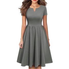 YATHON Women's Vintage Pleated Flared Swing A-Line Casual Party Work Dresses (YT028-Gray,S)