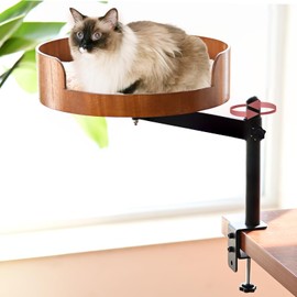 Wotunest Cat Desk Bed - 360° Rotating & Adjustable Wooden Perch with Washable Pet Mat, Space-Saving Hammock for Home Office/Computer Desks (Wood)