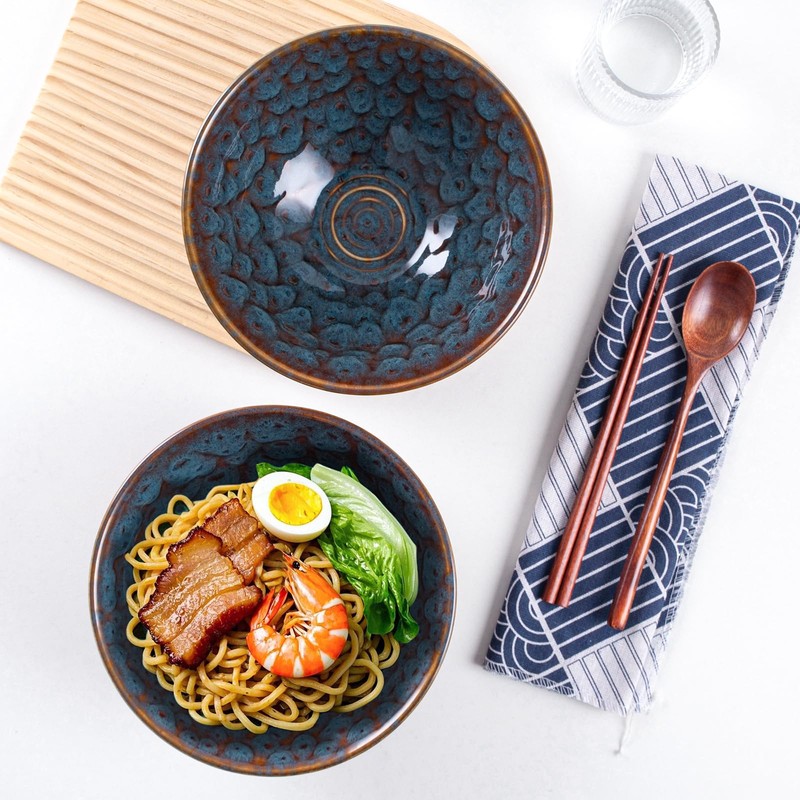 HOKELER Ceramic Japanese Ramen Bowl Set, 2 Sets Asian Pho