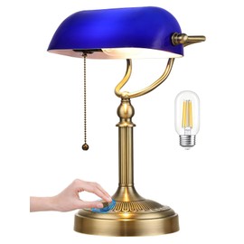 Newrays Blue Glass Bankers Desk Lamp, Stepless Dimmable Table Lamp Plug in Fixture for Study, Home Office, LED Bulb Included