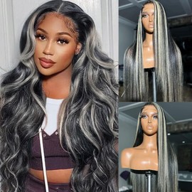 Grey Highlight Lace Front Wigs Human Hair Ombre Balayage Natural Black with Grey Silver Highlights 13x4 Lace Frontal Pre Plucked Glueless Wigs Human Hair for Black Women 180% Density 18 Inch