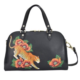 Anuschka Women's Original Hand-Painted Leather Wide Organizer Satchel, Enigmatic Leopard