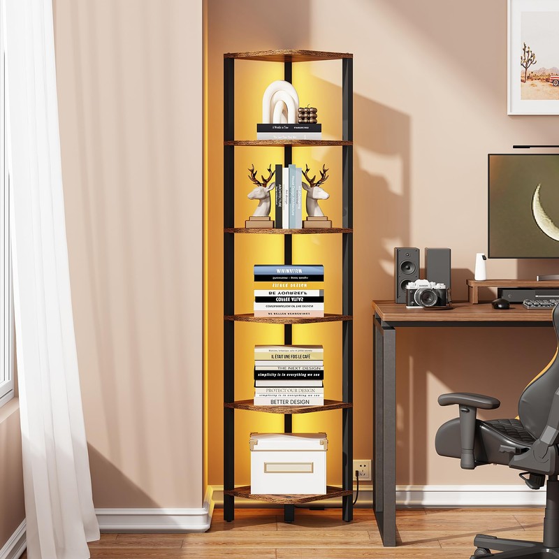 TUTOTAK Corner Shelf with LED Light, 6-Tier Corner Bookshelf for