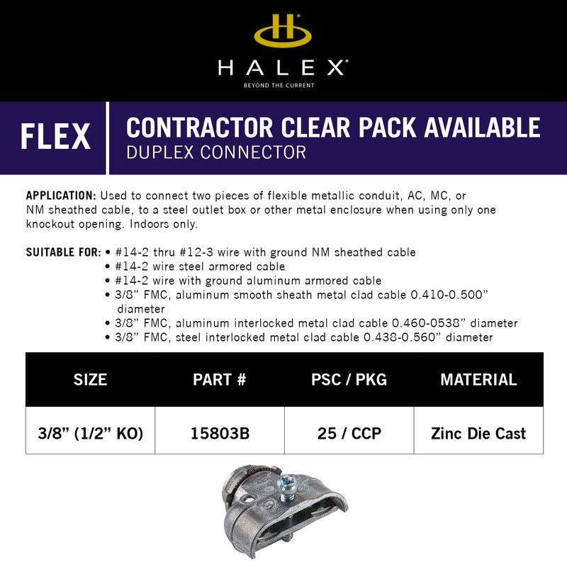 Halex – 3/8 Inch Flexible Metal Conduit (FMC) Duplex Connector