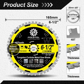 6-1/2 Inch Metal Cutting Circular Saw Blade - FOCSTOL Tungsten Carbide Tipped Saw Blade 48T for Iron Ferrous Metals Steel Pipe Arbor 4/5 Inch x 5/8 Inch
