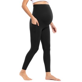 POSHDIVAH Women's Maternity Workout Leggings with Pockets Over The Belly Pregnant Activewear Exercise Tights Yoga Pants Black X-Large