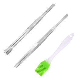 Pack of 2 barbecue tweezers, 1 green oil brush, cooking tweezers, stainless steel tweezers, frying tweezers, meat tongs, kitchen tweezers, kitchen accessories, kitchen tools, 30 cm