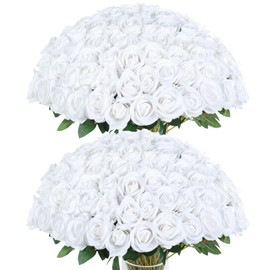 Coferset 50pcs White Artificial Roses Flowers in Bulk,Velvet Fake Rose with Long Stem Realistic Artificial Roses for Wedding Bouquets, DIY Centerpieces, Romantic Home & Party Decorations