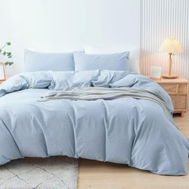XINMIANFANG Washed Cotton Duvet Cover Linen Feel Texture Duvet Cover Set Queen Size Cornflower Blue Bedding Duvet Cover Set 3 Pcs Soft Comfortable Minimalist Comforter Cover with Zipper Ties