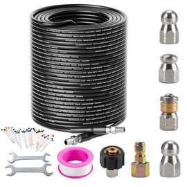 Sewer Jetter Kit for Pressure Washer 150FT，Drain Cleaner Hose 1/4 Inch NPT Corner, Rotating and Button Nose Sewer Jetting Nozzle Kit Waterproof Tape Pearl Corsage Pin and Spanners，5800PSI