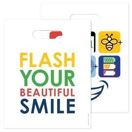 Practicon Flash Your Beautiful Smile 8" x 10" Dental Giveaway Bag, Dental Hygiene Patient Care Goodie Bag, Dentist Office Plastic Gift Bags, 100 Pack