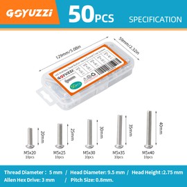 M5 x 20mm 25mm 30mm 35mm 40mm Button Head Socket Cap Screws Bolts, 304 Stainless Steel, Bright Finish, Metric Allen Hex Drive, Fully Threaded, 50PCS
