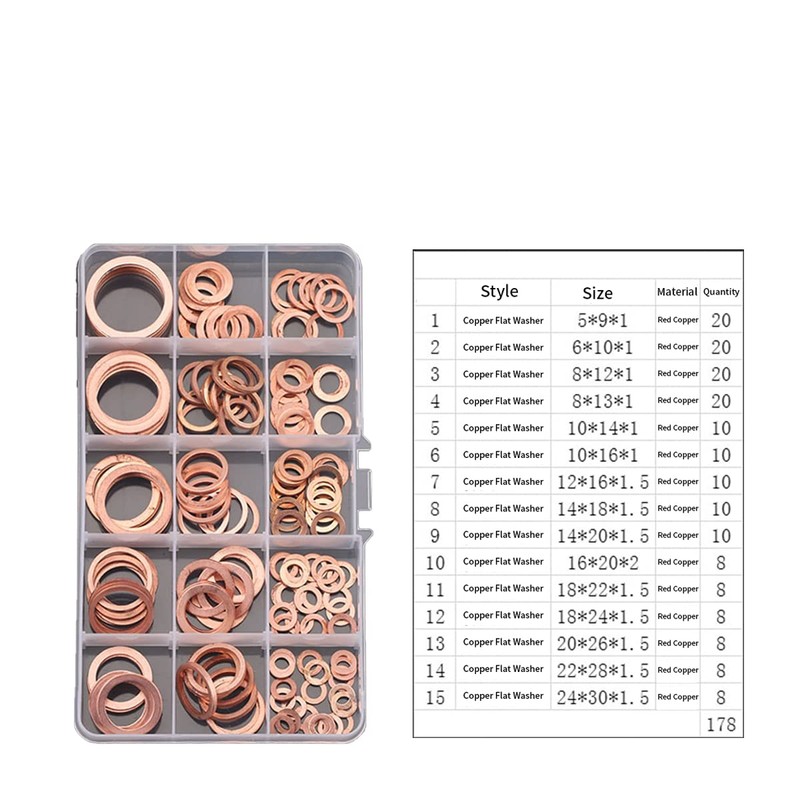 MACHSWON 178 PCS Red Copper Flat Washer Set M5-M24 Gasket