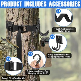Treestand Gear Hanger Starp with Multiple Metal Carabiners Hooks, Outdoor Tree Stand Strap Hunting Accessory Holder with 8 Hooks, Bow & Gear Hanger for Hunting, Hiking, Camping