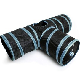 igadgitz home U6979-3 Way Cat Tunnel Collapsible Pet Tunnel Interactive Rabbit Tunnel with Hanging Ball - Indoor/Outdoor - Black/Blue Trim