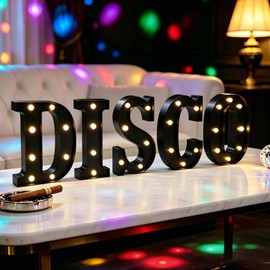 DISCO Sign - 8.6 in Marquee Light Up Letters for Wall, Party, Birthday, Theme Decor – Battery Operated LED Night Letter Lights for Indoor - 5 Pack (D, I, S, C, O) (Plastic, Black)