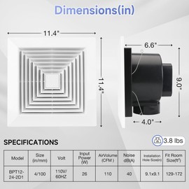 Fanspex Bathroom Ceiling Exhaust Fan, Household Bath Vent Ventilation Fan with 1.0 Sones Quiet Operation, 110 CFM, 4-in Duct, 26W Energy-Saving,11.4"x11.4" (Installation Size 9.1"x9.1")