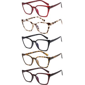 EYEURL Cat Eye Readers for Women - 5 Pack Blue Light Blocking Reading Glasses Ladies +0.00 Fashion Square Frames Magnification with Spring Hinge