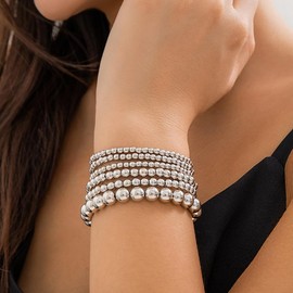 fxmimior Fashion Boho Dainty Beads Bracelets Simple Silver Gold Chain Bracelets Set for Women Adjustable Chunky Flat Cable Chain Beads Punk Bracelets for Women 6Pcs (Silver)