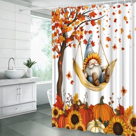Fall Thanksgiving Shower Curtain Funny Gnome Cute Eff Pumpkins Maple Leaves Harvest Rustic Fabric Bathroom Decor Curtains with Hooks,White