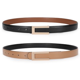 SUOSDEY 2 Pack Reversible Leather Belts for Women Adjustable Skinny Belt Ladies Belts for Dresses Jeans with Gold Buckle, Black/Brown+Black/Khaki