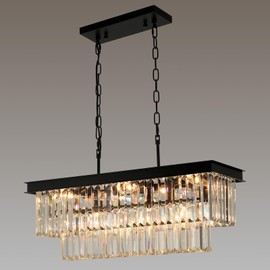 Weesalife Black Crystal Chandeliers for Dining Room Light Fixtures Over Table，9-Lights Modern Rectangle Chandeliers for Kitchen Island Bar L28 Inch