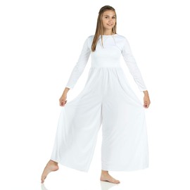 Danzcue Womens Long Sleeve Crew Neck Jumpsuit, White, Medium