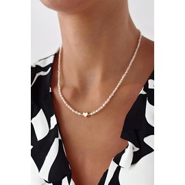 Natural Pearl Necklace with Gold Heart Charm