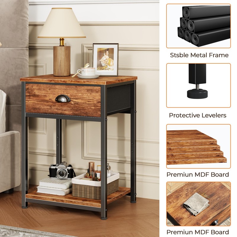 Furologee Nightstands Set of 2, Night Stand with Fabric Drawer