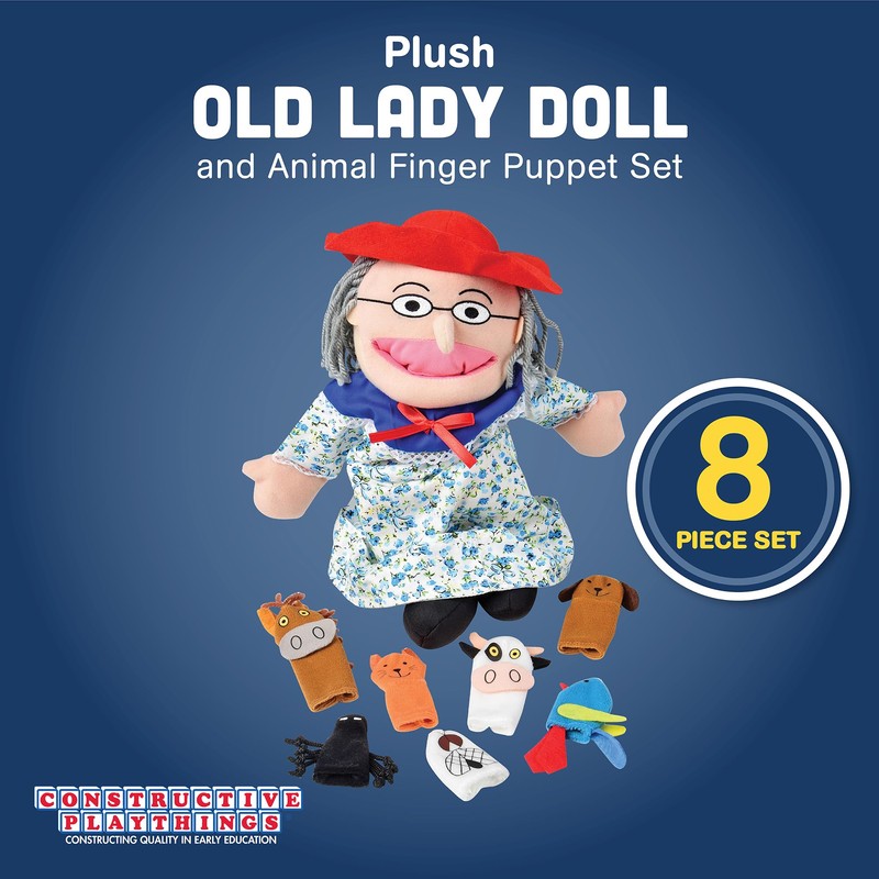 Constructive Playthings Plush "Old Lady" Doll and Animal Finger Puppet