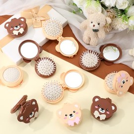 Maxdot 12 Pcs Baby Bear Mini Detangler Hair Brush Kids Cartoon Folding Pocket Mirror Brushes Cute Travel Comb with Compact Makeup Mirror for Straight Curly Hair Team Birthday Party Gift