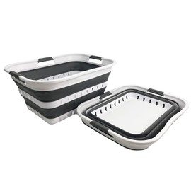 SAMMART 42L (11 gallons) Set of 2 Plastic Foldable Storage Basket/Container - Collapsible, Space Saving and Portable Laundry Hamper, Ideal for Home, Travel, Dorm, and Camping (2, White/Steel Grey)