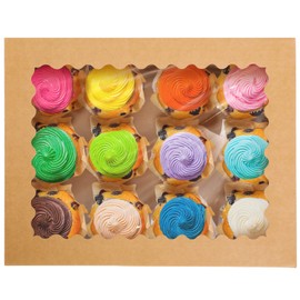 qiqee 12 Cupcake Boxes with Window 16-Packs Kraft Cupcake Box 13"x10"x3.5" Cupcakes Carrier, 12 Cupcake Containers