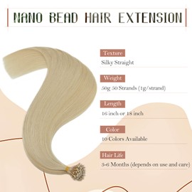 TESSHAIR Nano Ring Hair Extensions, 100% Remy Human Hair, Nano Tip Extensions, No Tangle & Smooth,50 Strands 50g, 22 Inch #Platinum Blonde