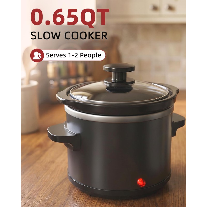 0.65Qt Mini Slow Cooker Ceramic Pot Support Dishwasher Safe, Black