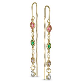 Delicate Three Colorful Pastel Crystal Purple Orange Multi Color Dangle Long Chain Heart Clover Flower Threader Earrings For Women Teens Stabilizing U Wire Gold Plated