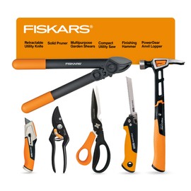 Fiskars House Essentials for New Home Tool Set, 6 Piece Kit w/Loppers, Garden Scissors, Pruners, Folding Saw, IsoCore Hammer, & Utility Knife, Indoor DIY & Outdoor Gardening, Great Housewarming Gifts