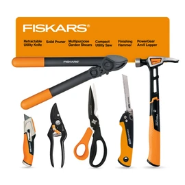 Fiskars House Essentials for New Home Tool Set, 6 Piece Kit w/Loppers, Garden Scissors, Pruners, Folding Saw, IsoCore Hammer, & Utility Knife, Indoor DIY & Outdoor Gardening, Great Housewarming Gifts