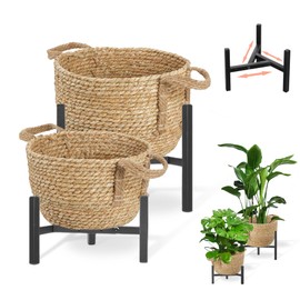 XQASIEO Set of 4 Wicker Rattan Plant Basket Display Stand Indoor Outdoor, Boho Tall Flower Woven Planter Pot Holders with Adjustable Metal Shelf (Brown)