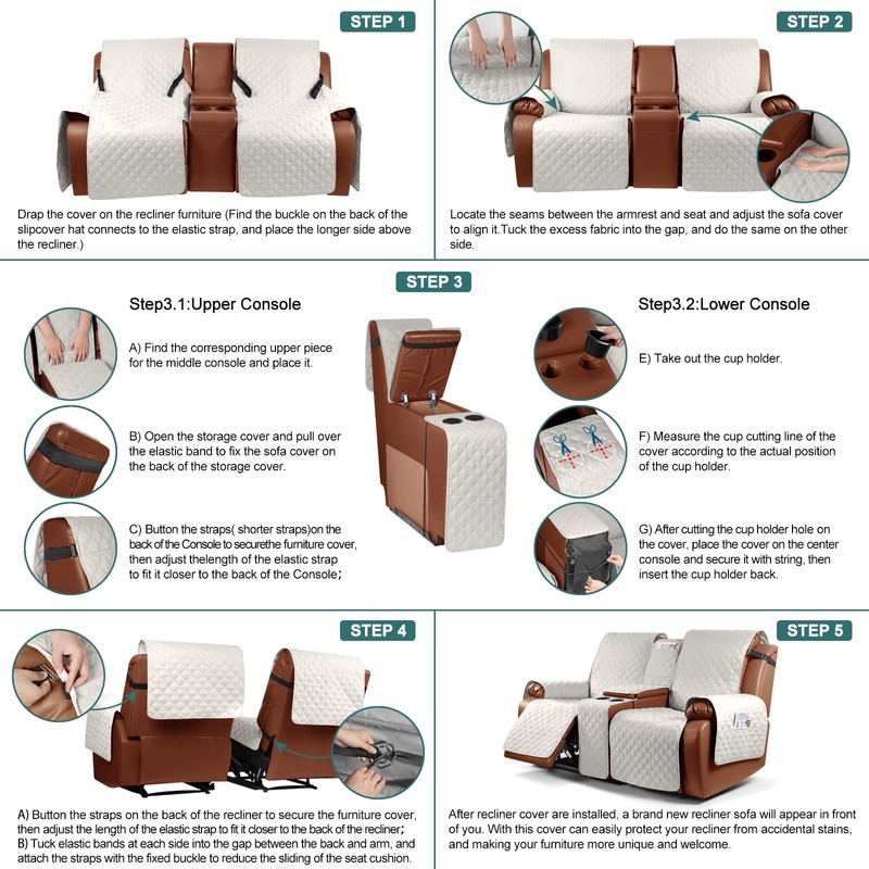 Ruaozz Waterproof Loveseat Recliner Cover with Console Non-Slip Reclining Couch