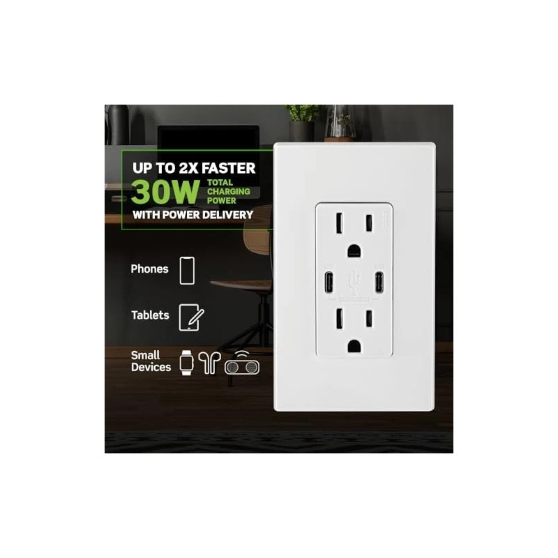 Leviton Dual Type C USB In Wall Charger 30W Power