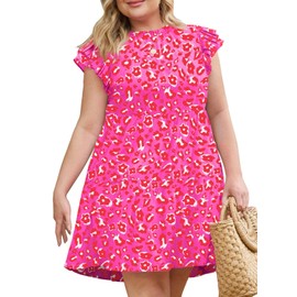 Eytino Plus Size Dress for Women Summer Ruffle Sleeve Leopard Printed Mini Short Dresses,2X Rose