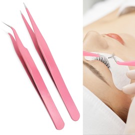2 Pcs Eyelash Extension Tweezers, Stainless Steel Straight and Curve Tip Tweezers,Nail Art Tweezers, for Eyelash Extensions