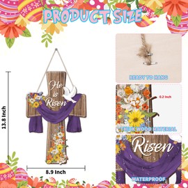 Arosche Arosche Easter Decorations Hanging Door Sign Wreath Religious Cross He Is Risen Flowers Lily Wooden Door Sign Welcome Seasonal Happy Easter Wreath Sign for Easter Tree, Door, Wall, Party Supplies