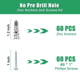 120PCS Zinc Self-Drilling Drywall Anchors with Screws Kit, 60 Heavy Duty Metal Wall Anchors and 60#8 x 1'' Screws