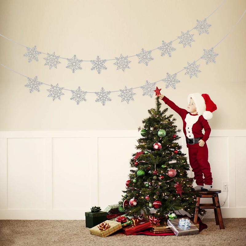 2 Pcs Silver Glitter Snowflake Banner, Snowflake Winter Party Decorations,